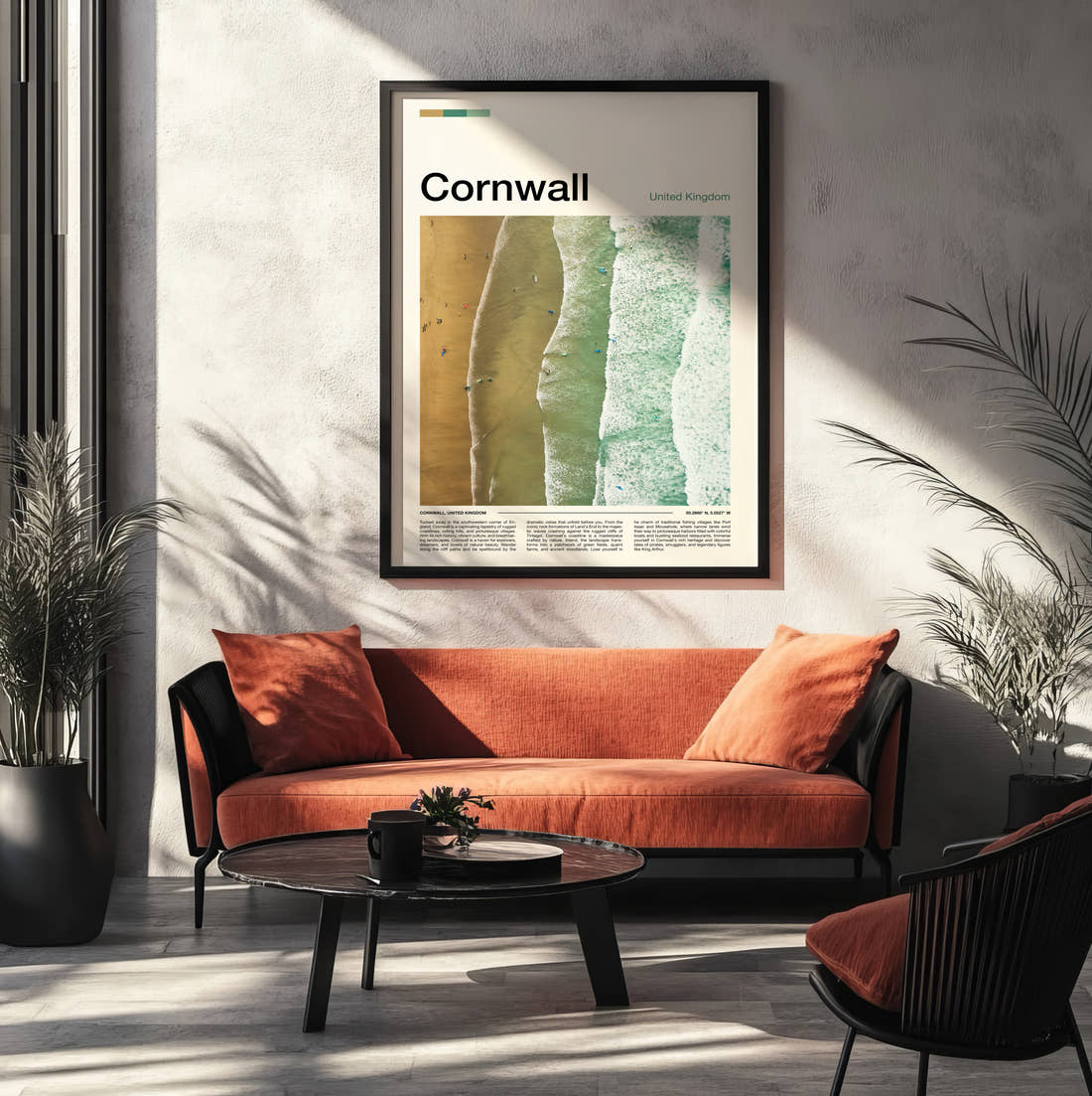 Cornwall Aerial View Of The Beach Travel Print framed on the wall of a modern living room