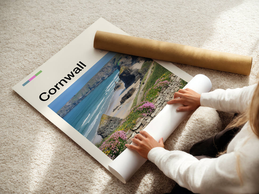 Cornwall Bedruthan Steps Travel Print being unrolled from its postal tube
