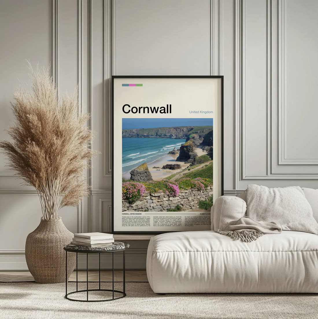 Cornwall Bedruthan Steps Travel Print framed on the wall of a calm, neutral bedroom