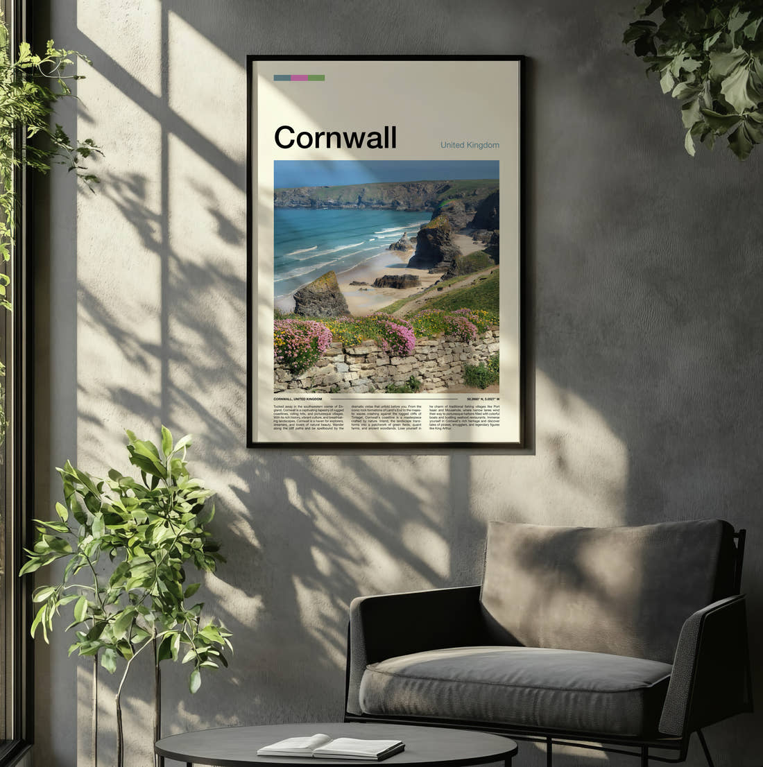 Cornwall Bedruthan Steps Travel Print framed on the wall of a relaxed living room