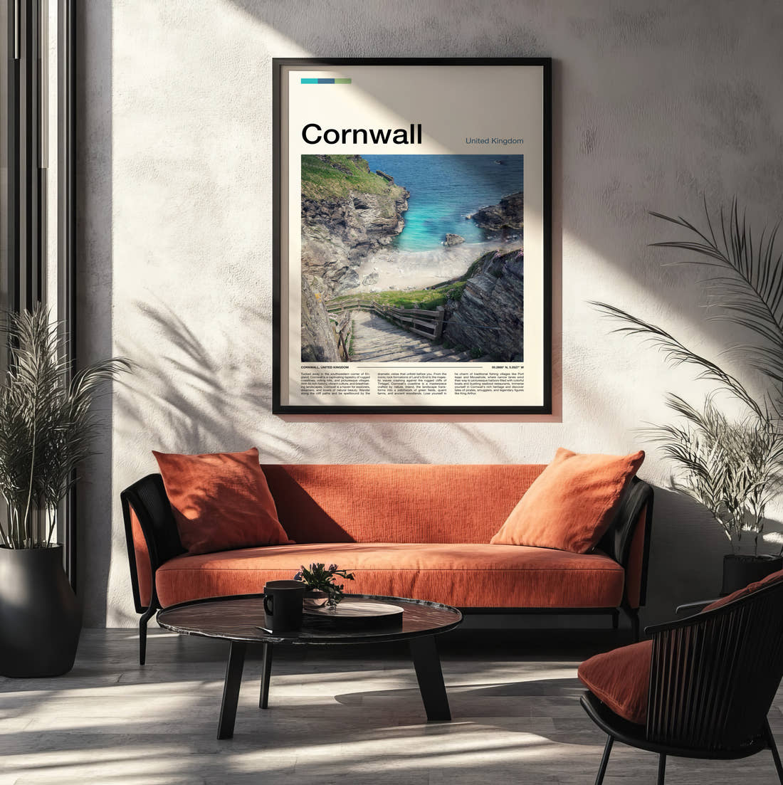 Cornwall Steps Down To The Cove Travel Print framed on the wall of a modern living room