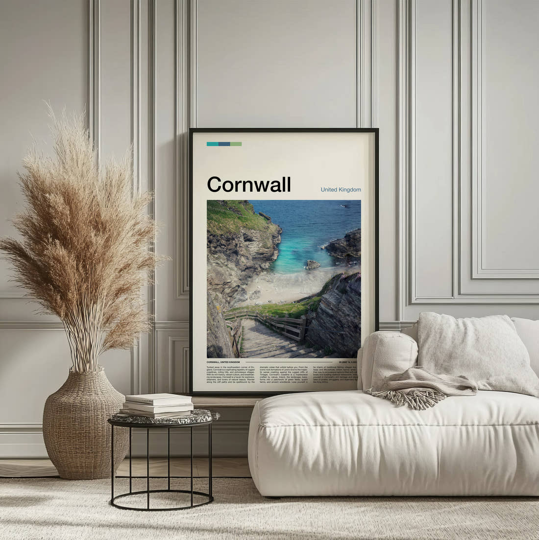 Cornwall Steps Down To The Cove Travel Print framed on the wall of a calm, neutral bedroom