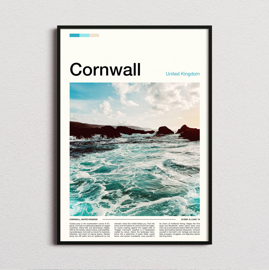 Cornwall Waves On The Rocks Travel Print framed and photographed straight on