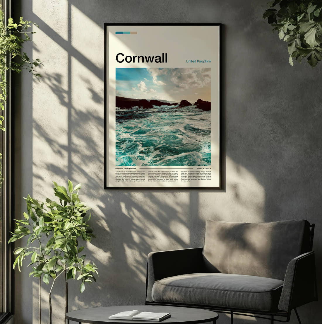 Cornwall Waves On The Rocks Travel Print framed on the wall of a relaxed living room