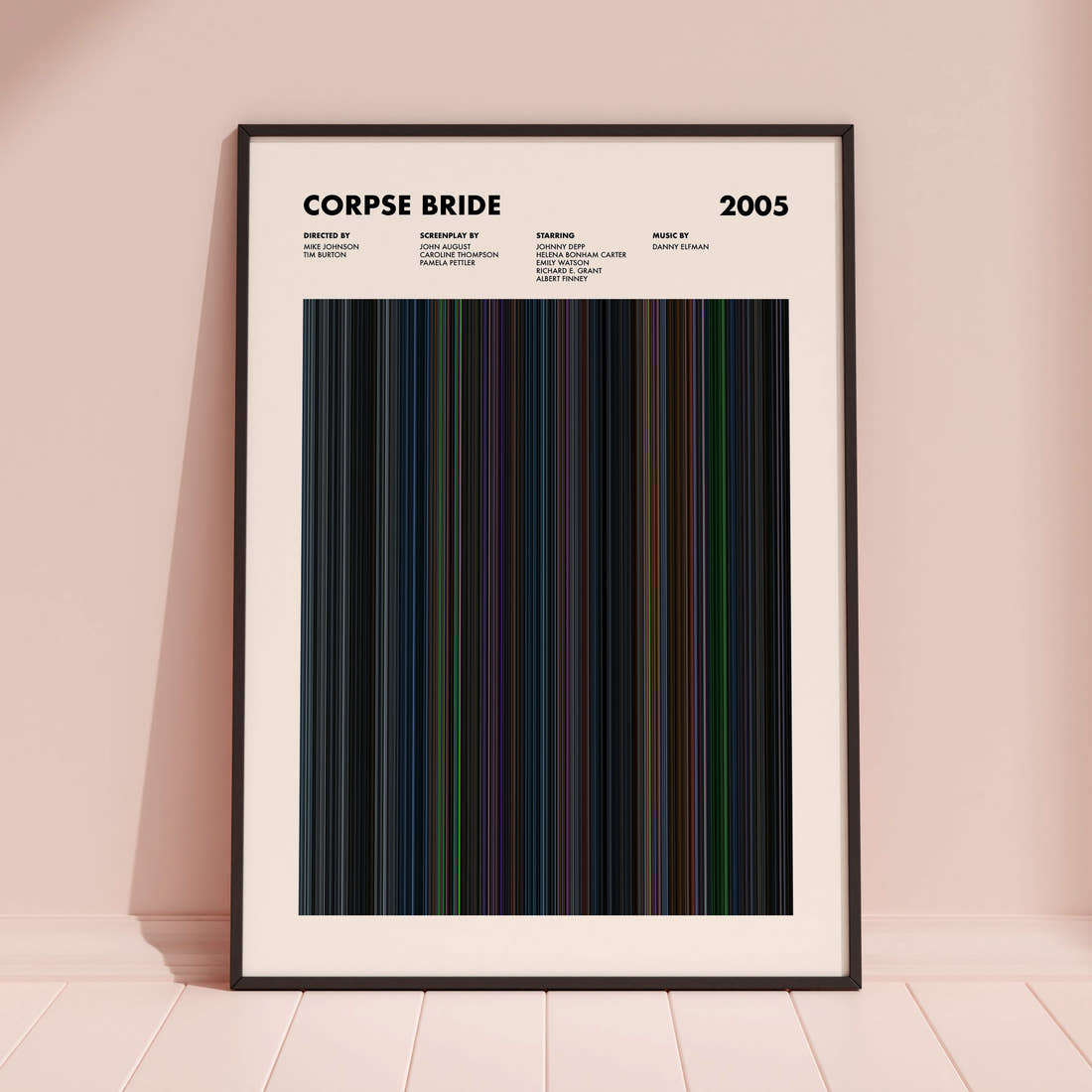 Corpse Bride Movie Barcode Poster framed and leaning against a coloured wall