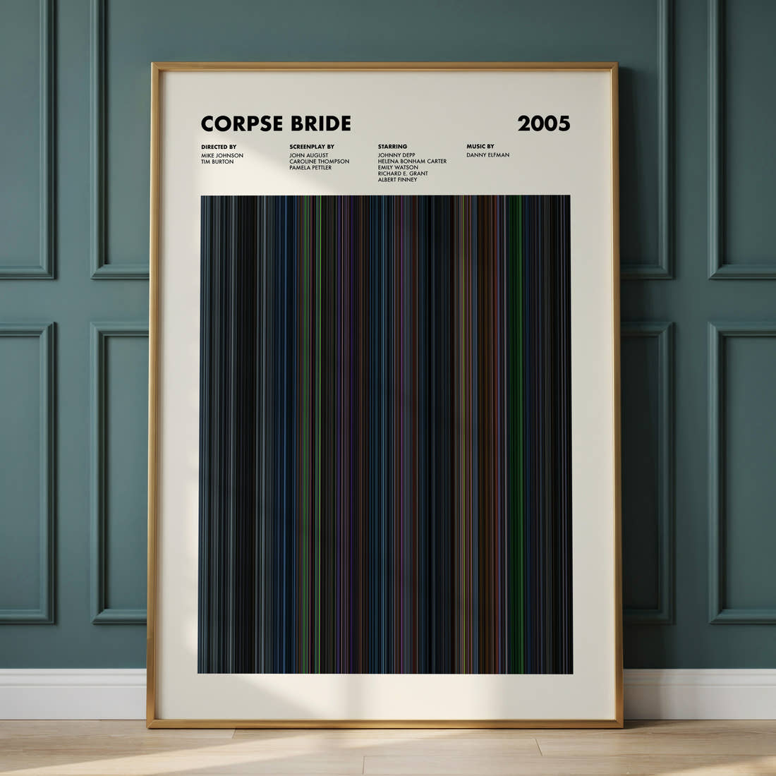 Corpse Bride Movie Barcode Poster framed and leaning against a panelled wall