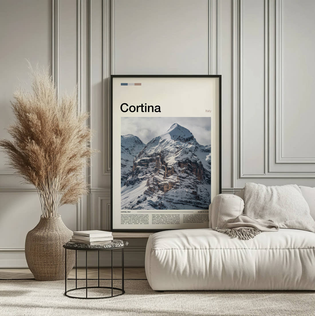 Cortina Travel Print framed on the wall of a calm, neutral bedroom