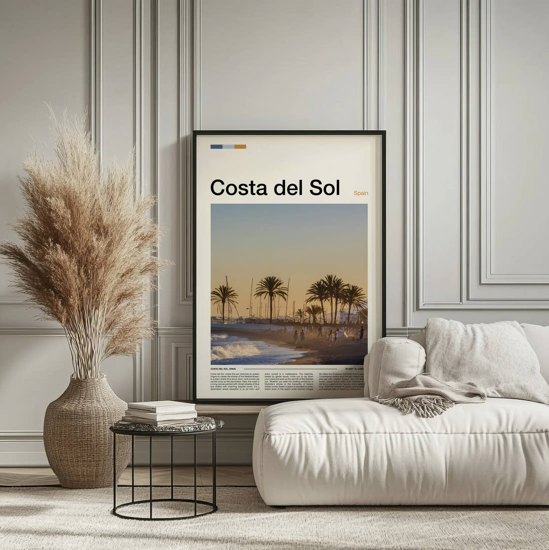 Costa del Sol Palm Trees On The Beach Travel Print framed on the wall of a calm, neutral bedroom