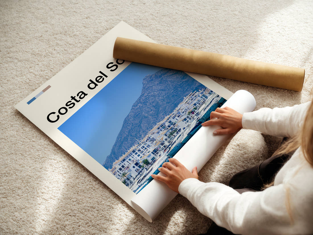 Costa del Sol Marina Below The Mountain Travel Print being unrolled from its postal tube