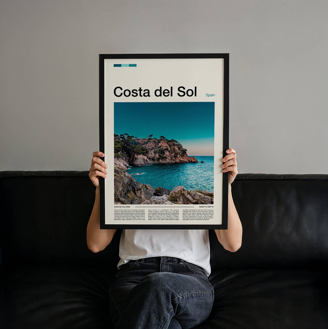 Costa del Sol Rocky Cove Travel Print held up by hand to show the size of the print