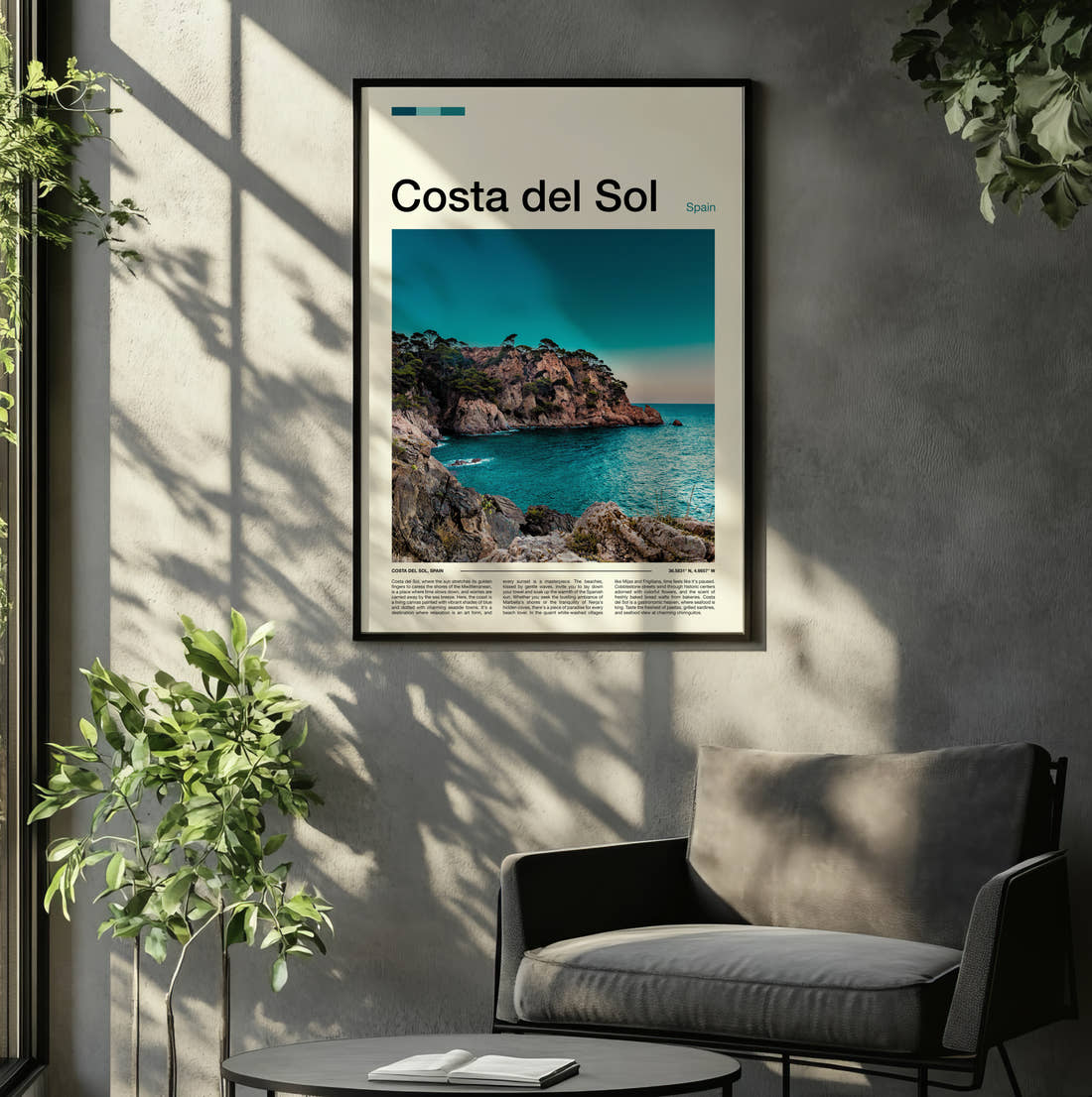 Costa del Sol Rocky Cove Travel Print framed on the wall of a relaxed living room