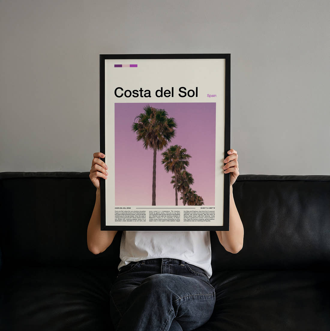Costa del Sol Palm Trees Travel Print held up by hand to show the size of the print