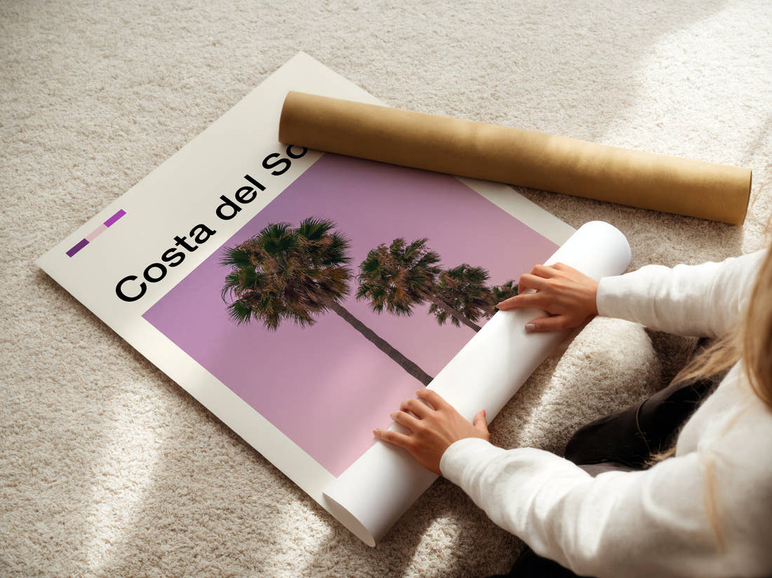 Costa del Sol Palm Trees Travel Print being unrolled from its postal tube