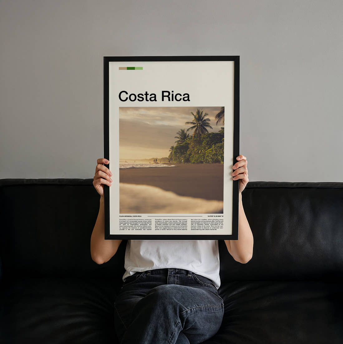 Costa Rica Palm Trees On The Beach Travel Print held up by hand to show the size of the print