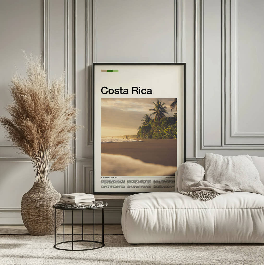 Costa Rica Palm Trees On The Beach Travel Print framed on the wall of a calm, neutral bedroom