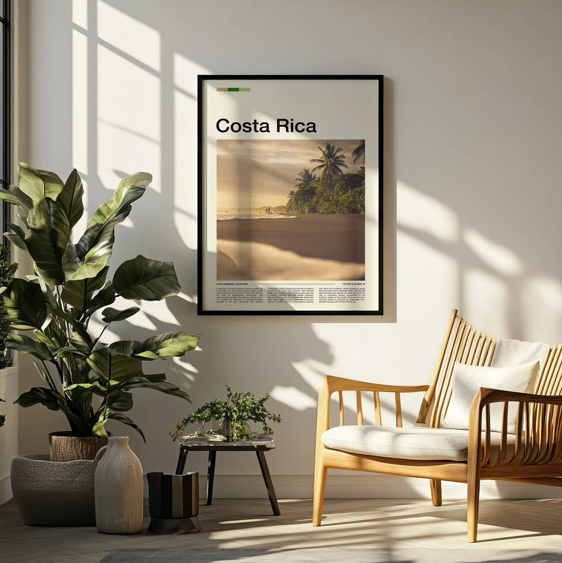 Costa Rica Palm Trees On The Beach Travel Print framed on a pale wall beside houseplants