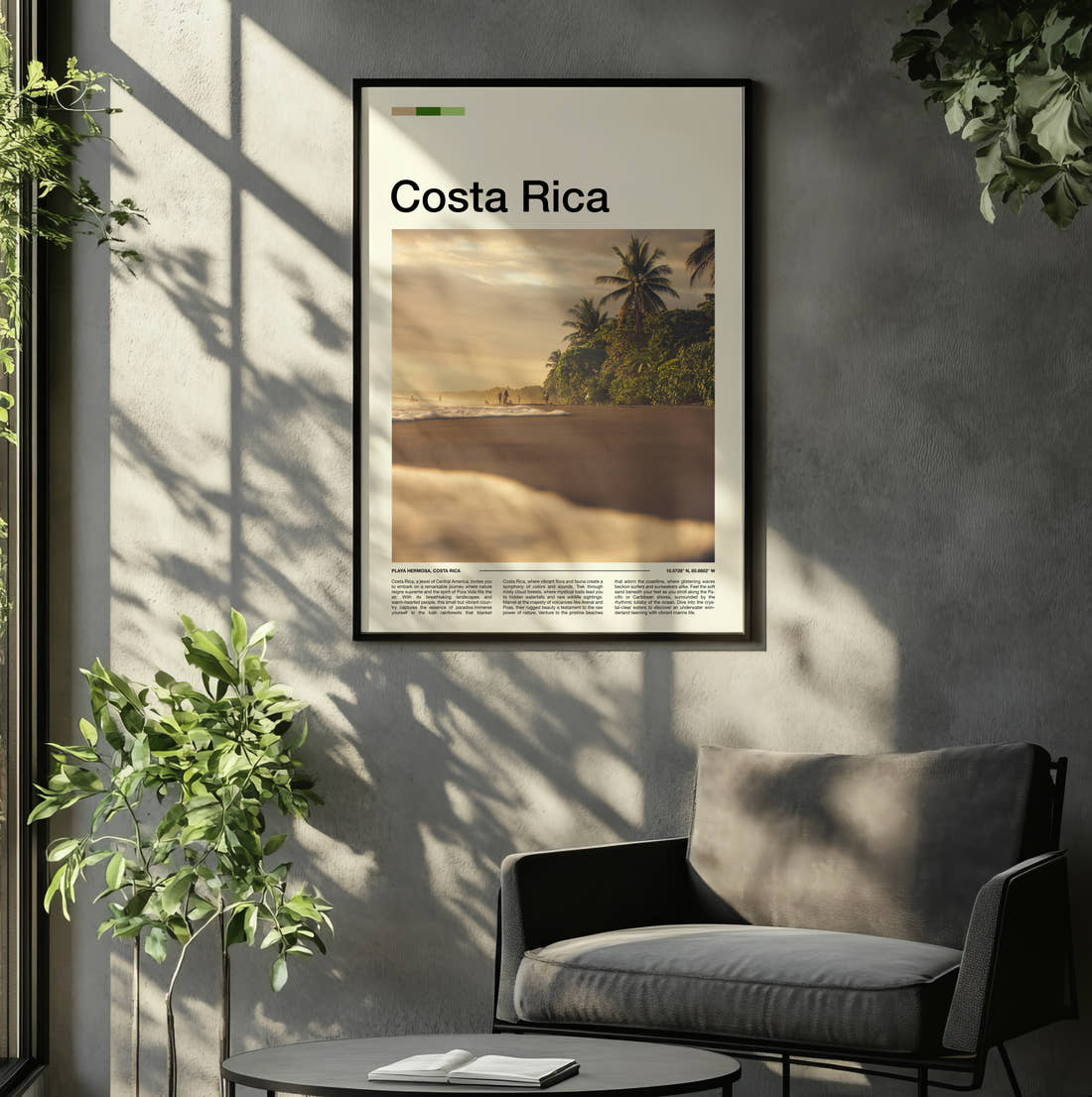 Costa Rica Palm Trees On The Beach Travel Print framed on the wall of a relaxed living room
