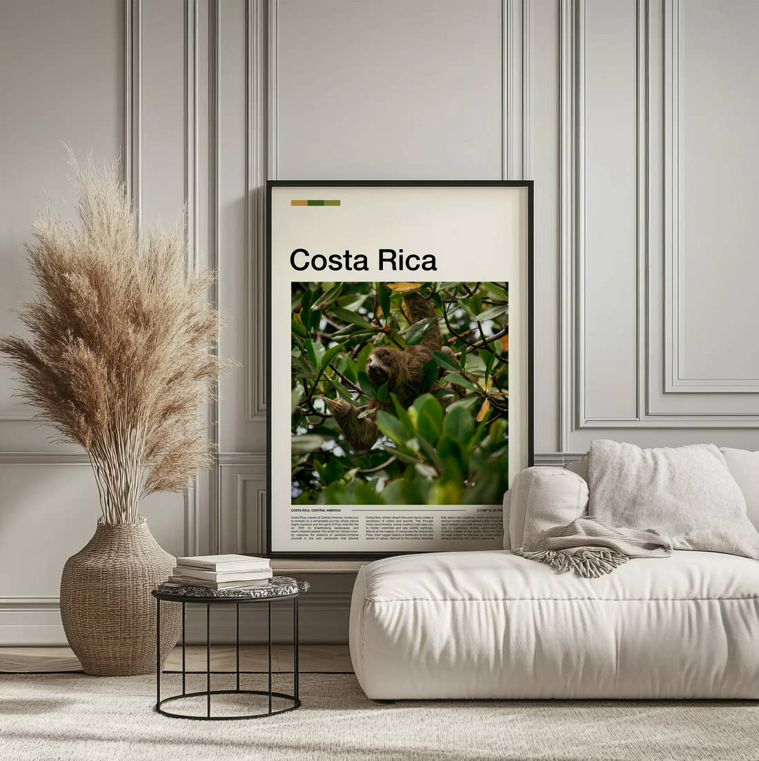 Costa Rica Sloth In A Tree Travel Print framed on the wall of a calm, neutral bedroom