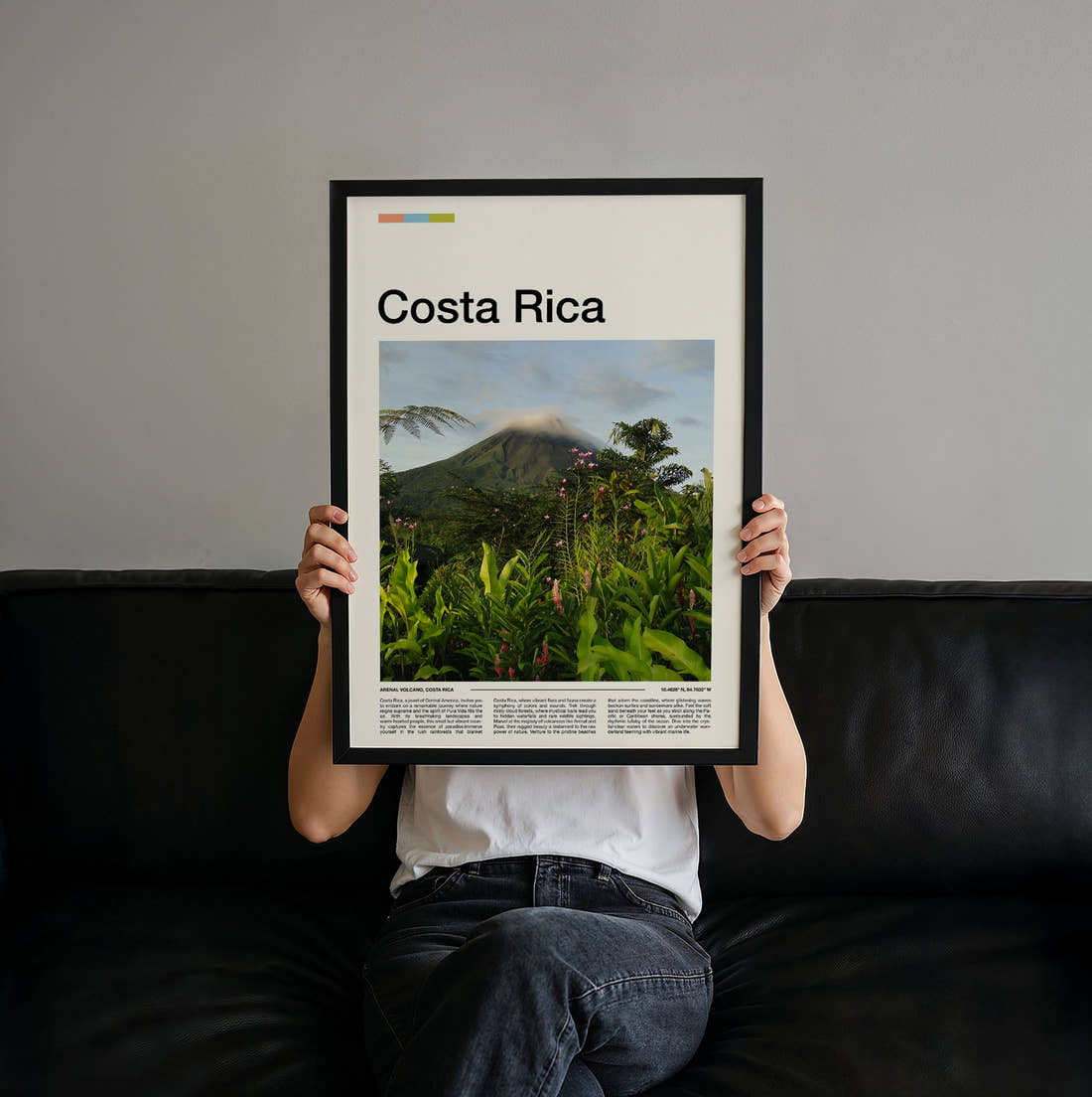 Costa Rica Volcano Above The Jungle Travel Print held up by hand to show the size of the print