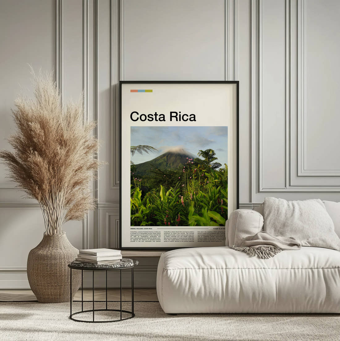 Costa Rica Volcano Above The Jungle Travel Print framed on the wall of a calm, neutral bedroom
