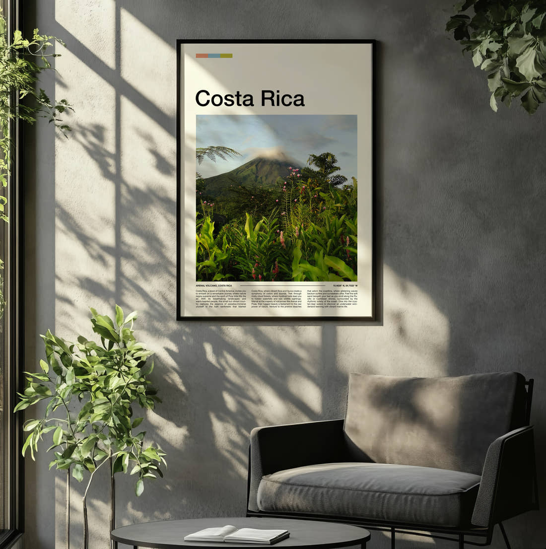 Costa Rica Volcano Above The Jungle Travel Print framed on the wall of a relaxed living room