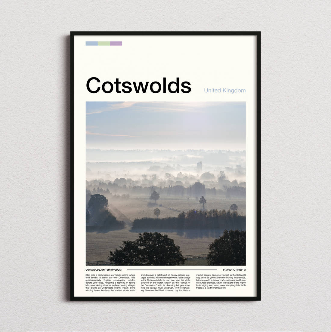 Cotswolds Misty Fields Travel Print framed and photographed straight on