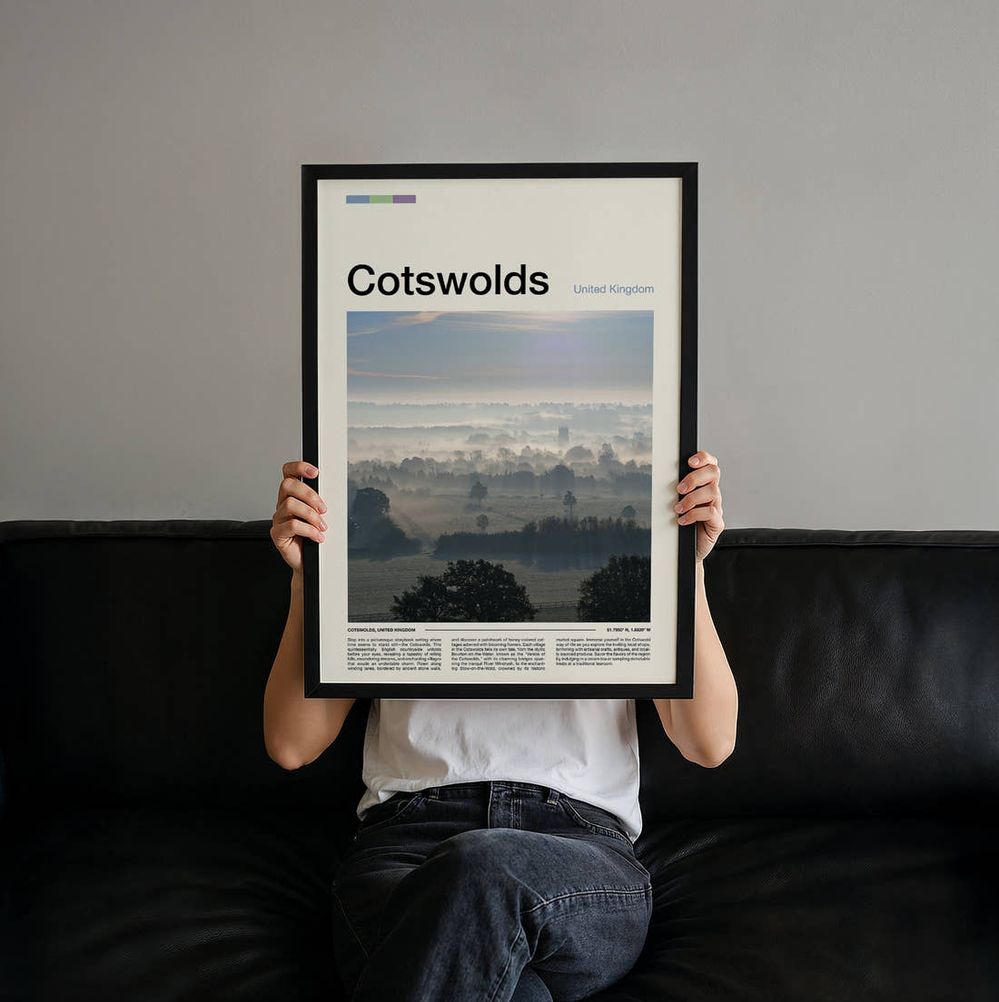 Cotswolds Misty Fields Travel Print held up by hand to show the size of the print