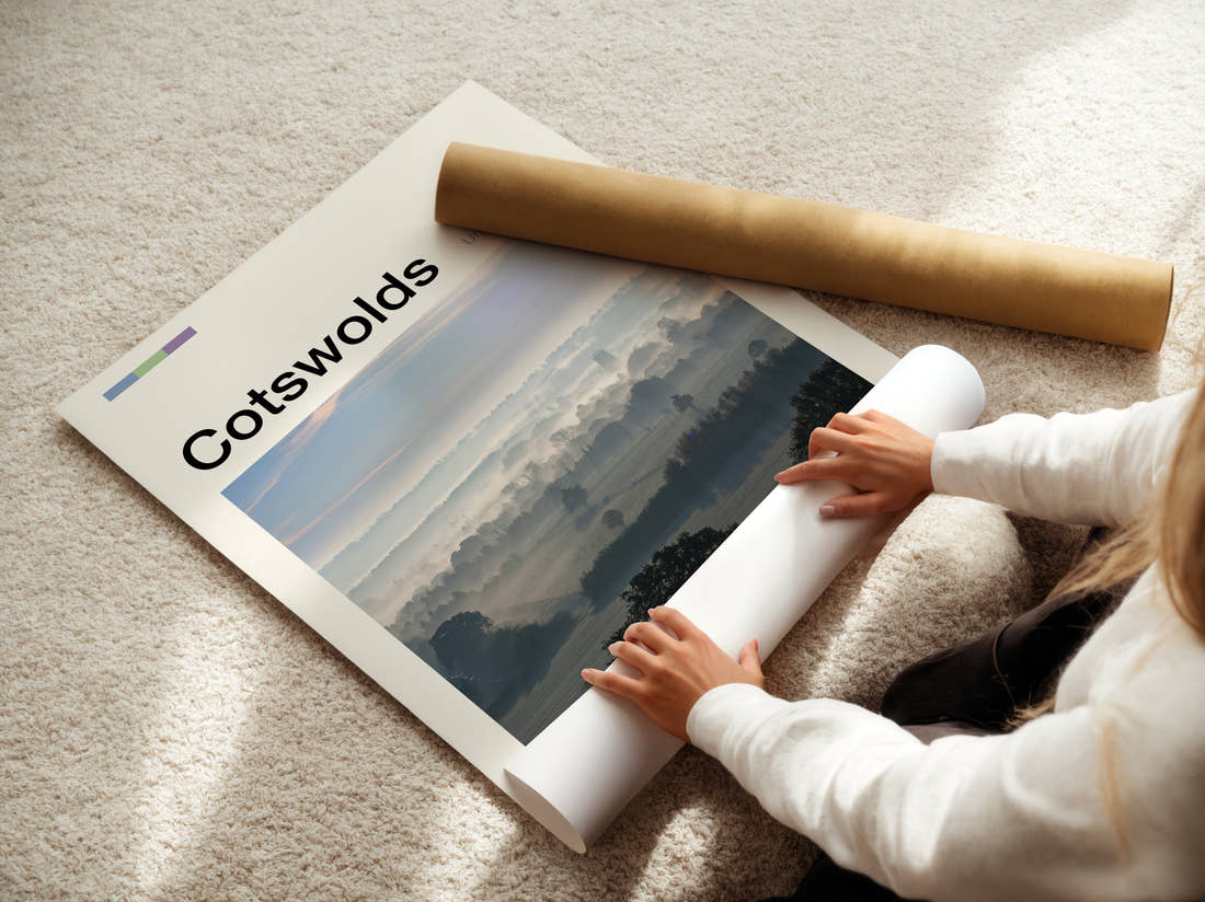Cotswolds Misty Fields Travel Print being unrolled from its postal tube