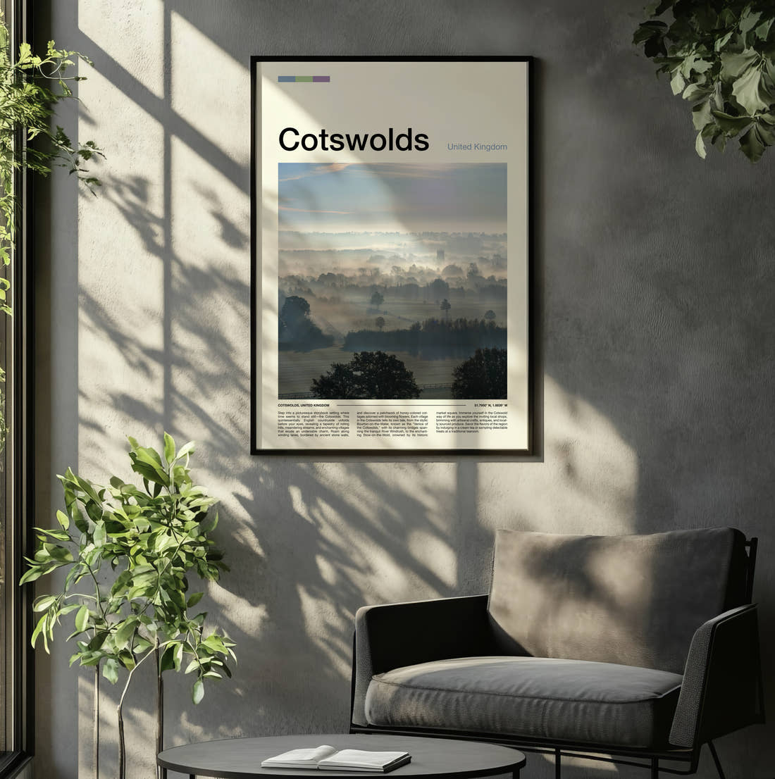 Cotswolds Misty Fields Travel Print framed on the wall of a relaxed living room