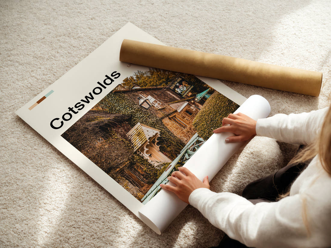Cotswolds Stone Cottage Pub Travel Print being unrolled from its postal tube