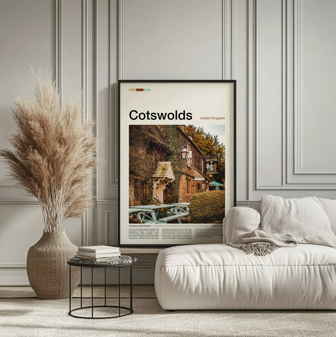 Cotswolds Stone Cottage Pub Travel Print framed on the wall of a calm, neutral bedroom