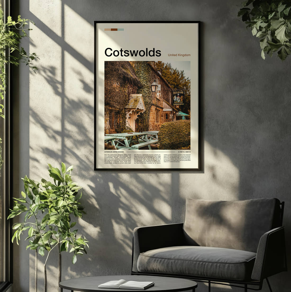 Cotswolds Stone Cottage Pub Travel Print framed on the wall of a relaxed living room