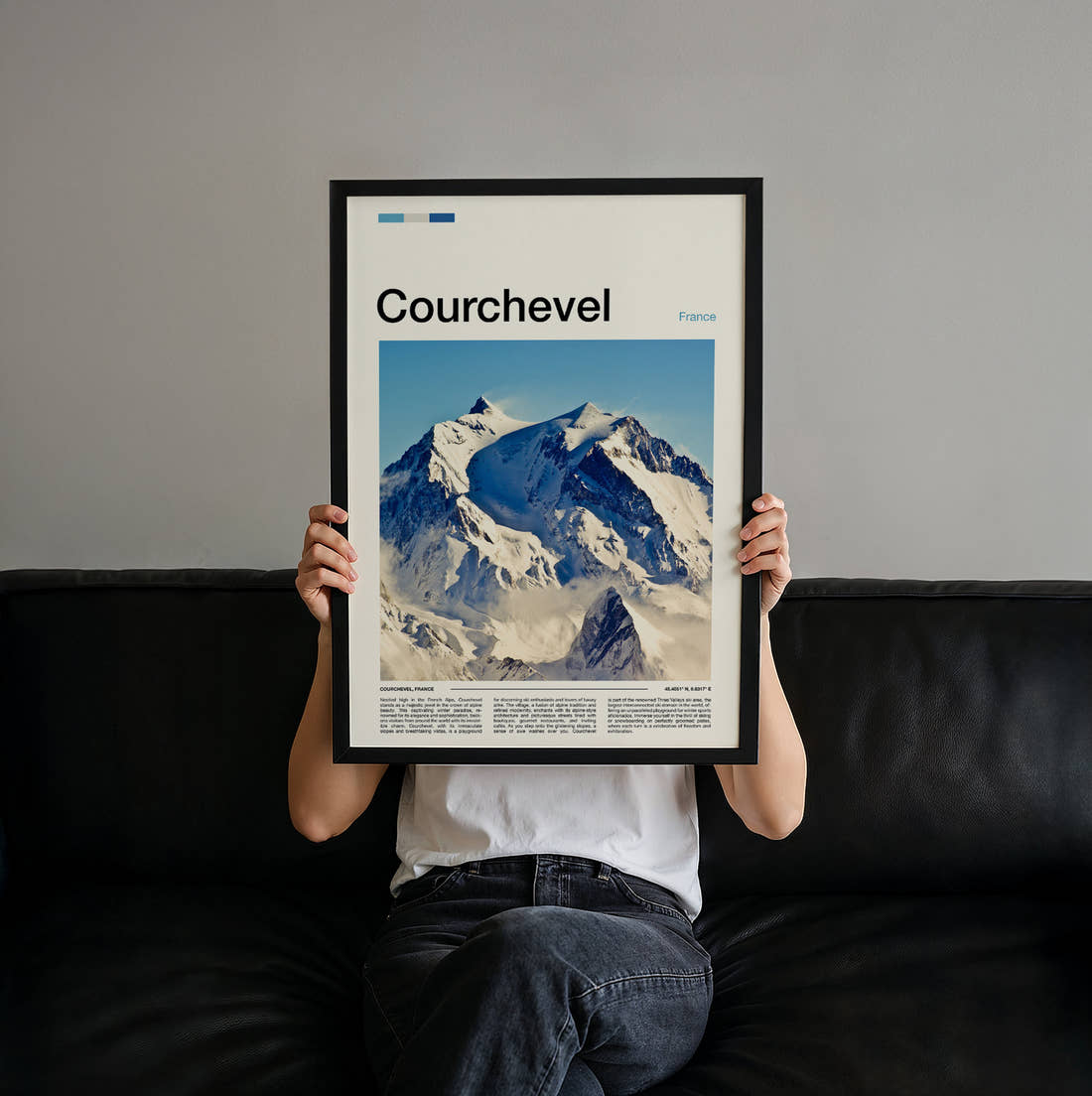 Courchevel Snowy Mountain Peak Travel Print held up by hand to show the size of the print