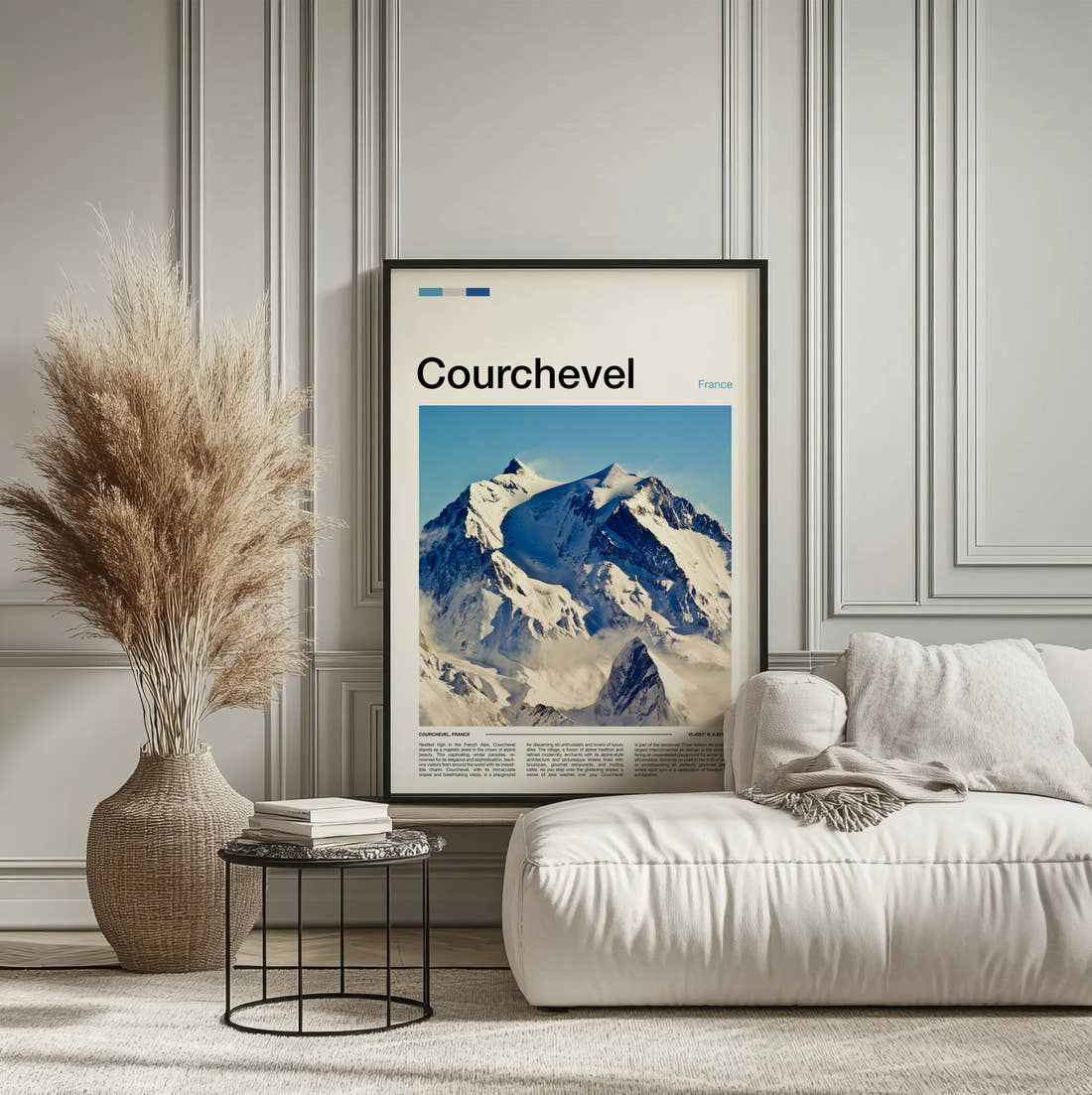 Courchevel Snowy Mountain Peak Travel Print framed on the wall of a calm, neutral bedroom
