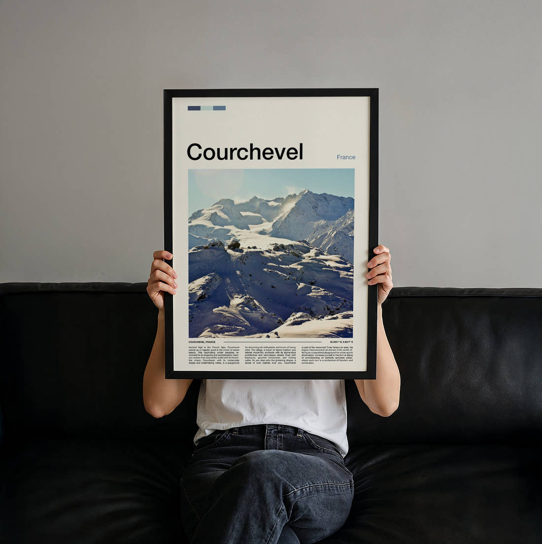 Courchevel Snowy Ski Slopes Travel Print held up by hand to show the size of the print
