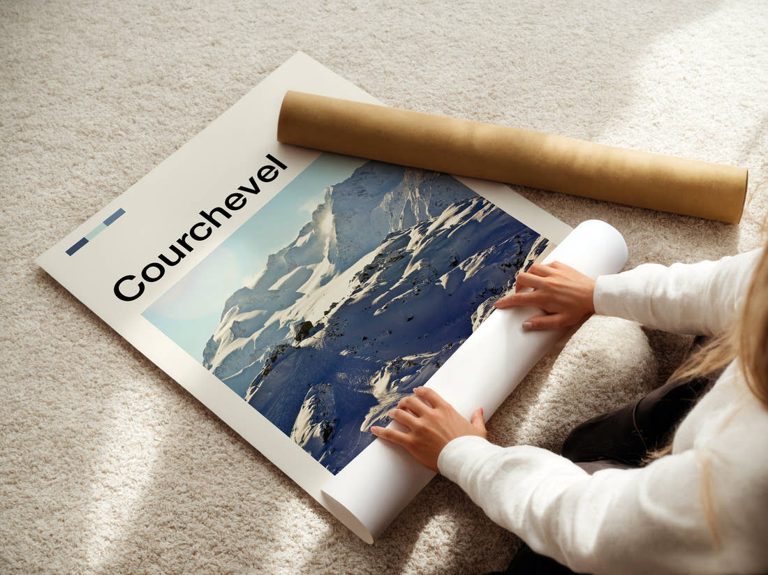 Courchevel Snowy Ski Slopes Travel Print being unrolled from its postal tube