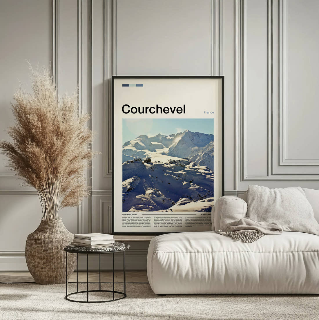 Courchevel Snowy Ski Slopes Travel Print framed on the wall of a calm, neutral bedroom