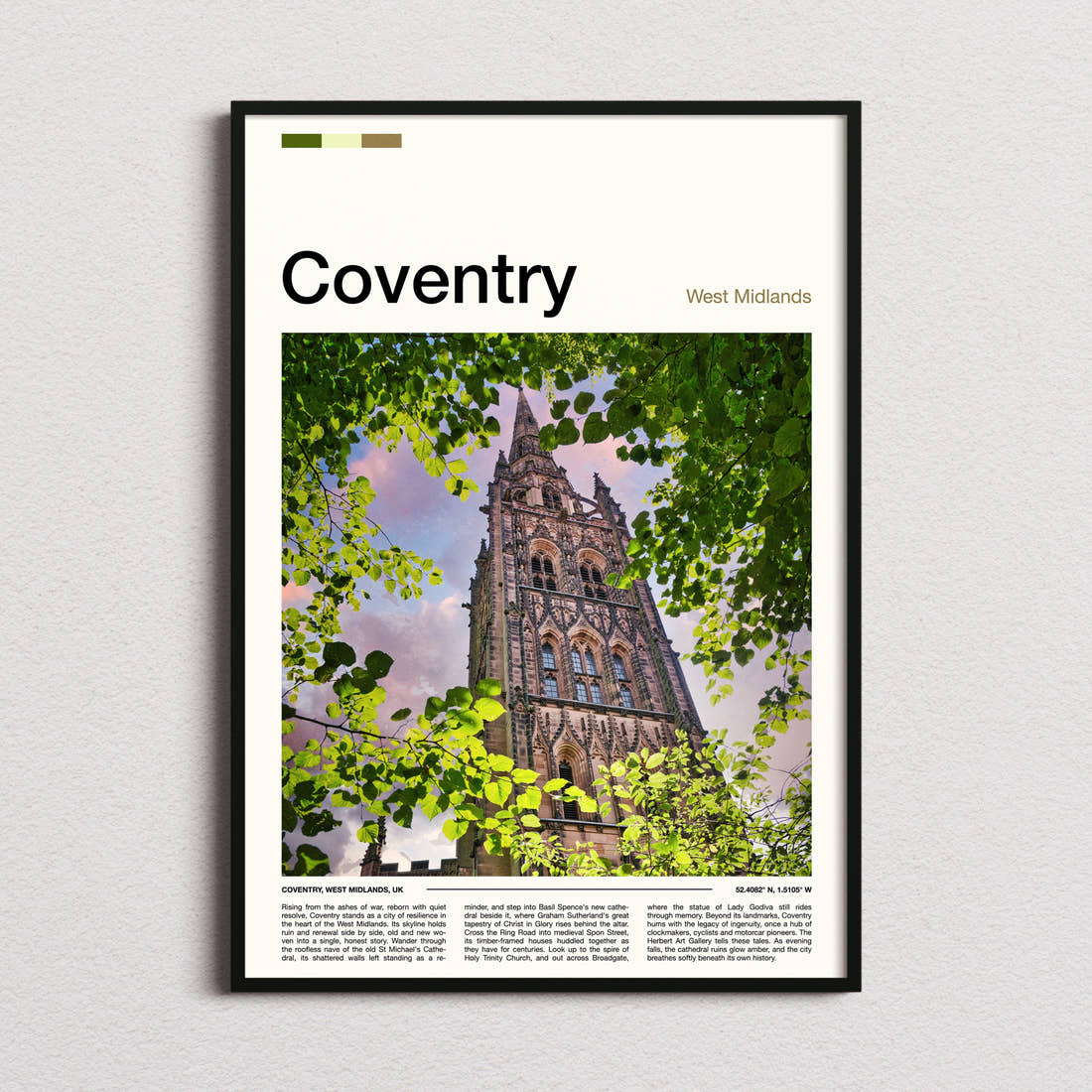 Coventry Cathedral Spire Through Leaves Travel Print framed and photographed straight on
