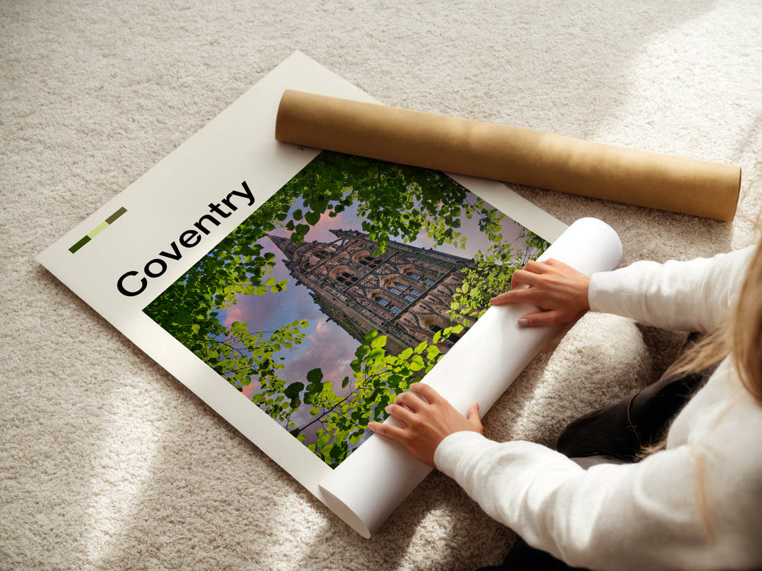 Coventry Cathedral Spire Through Leaves Travel Print being unrolled from its postal tube