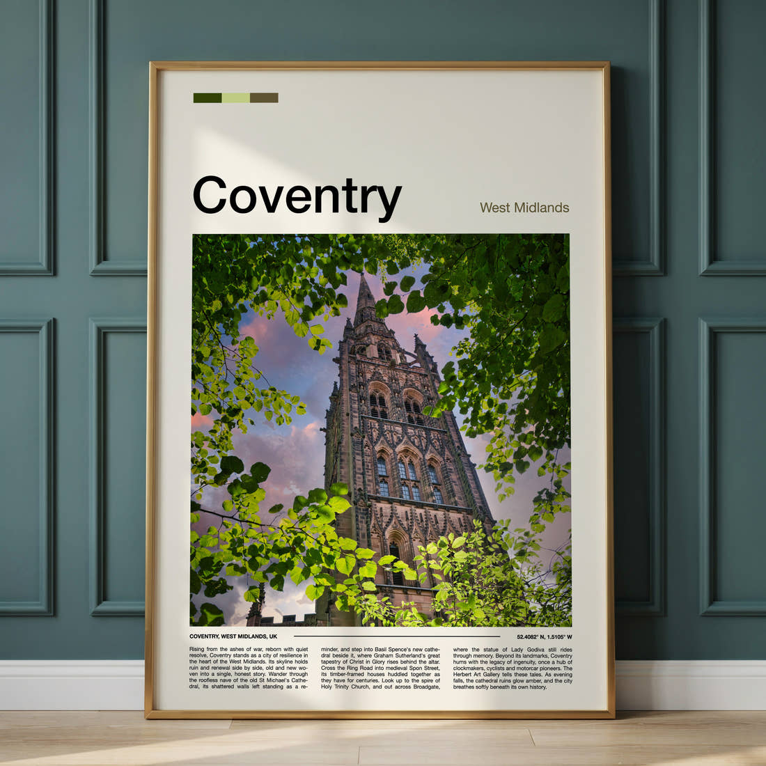 Coventry Cathedral Spire Through Leaves Travel Print framed on the wall of a calm, neutral bedroom
