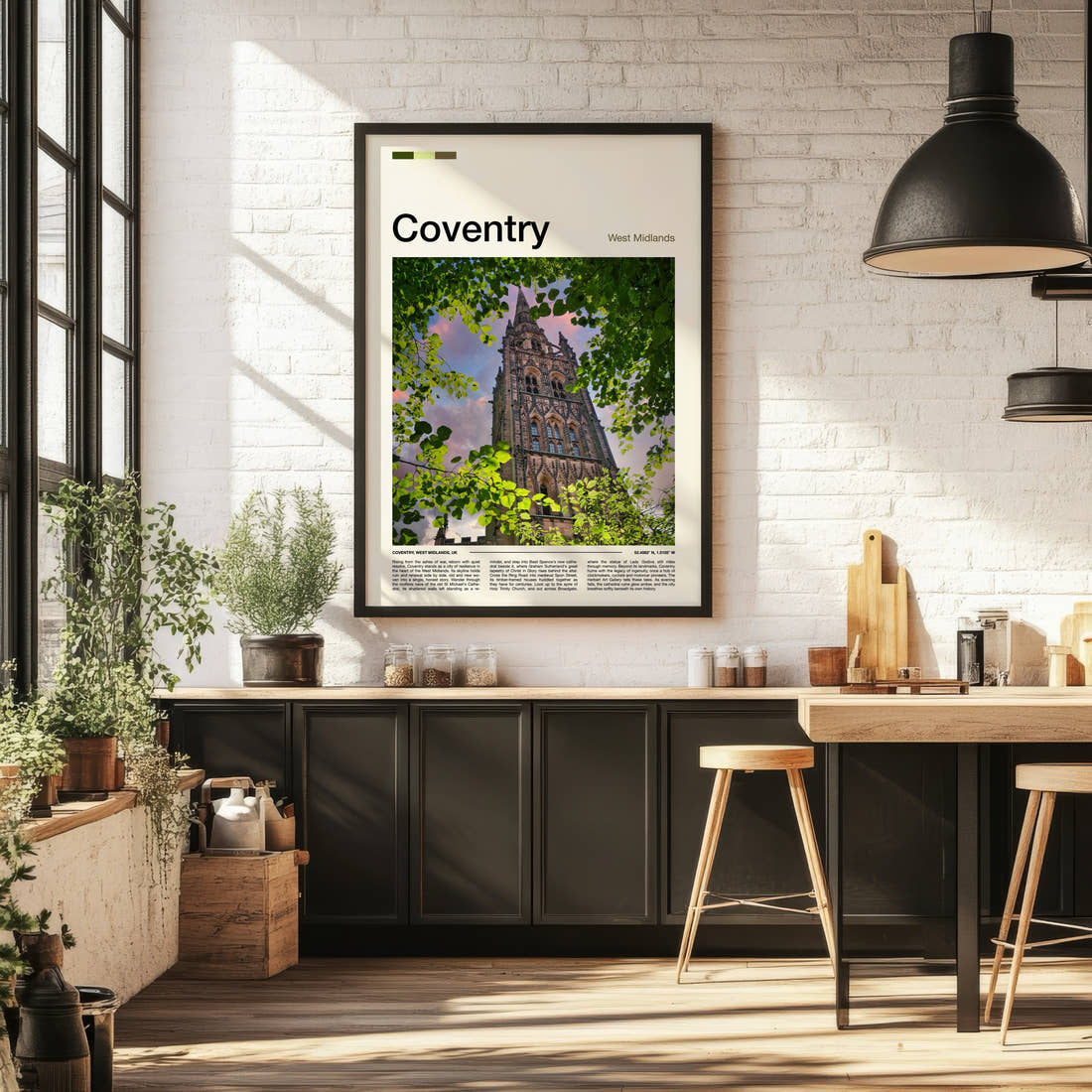 Coventry Cathedral Spire Through Leaves Travel Print framed on the wall of a bright kitchen and dining space