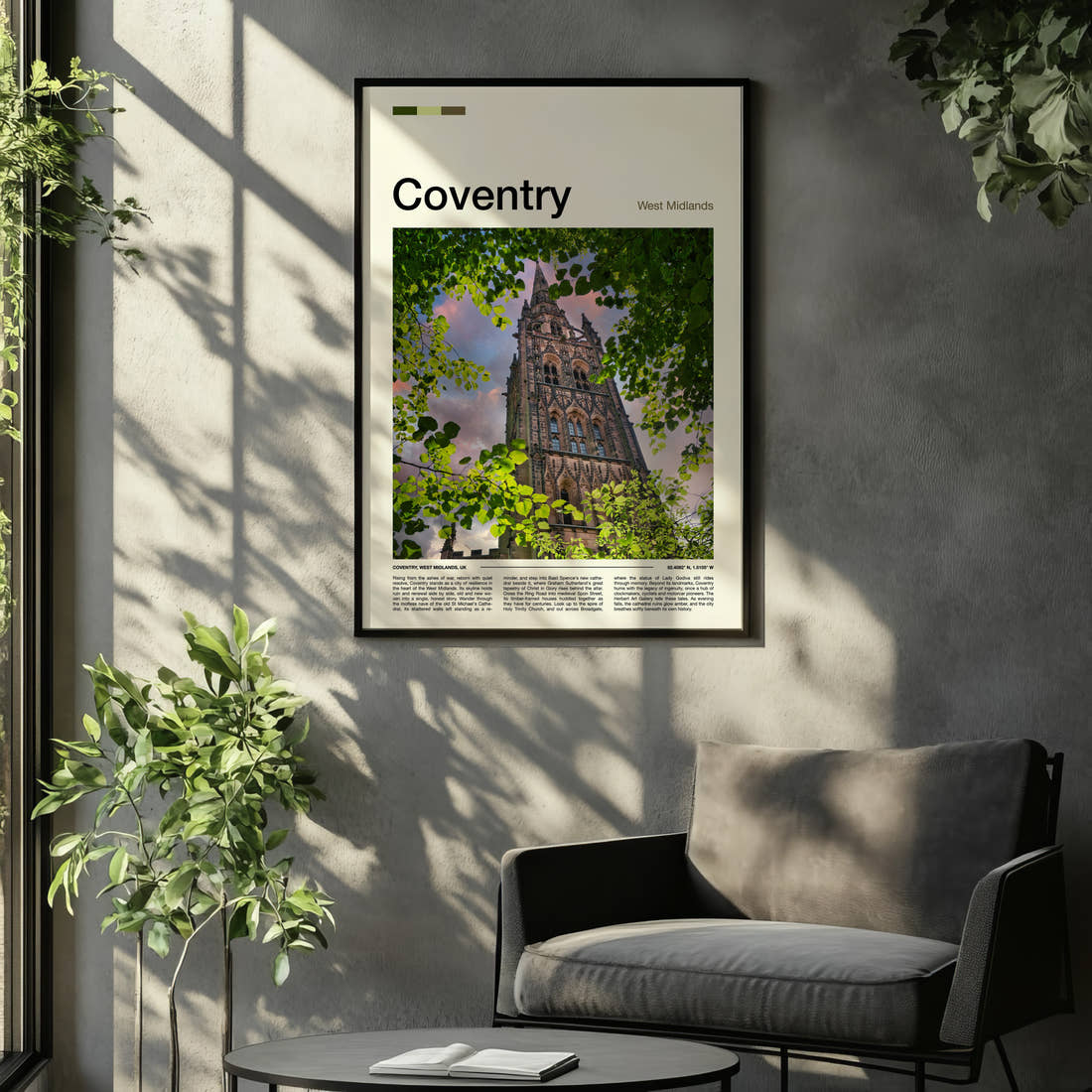 Coventry Cathedral Spire Through Leaves Travel Print framed on the wall of a relaxed living room