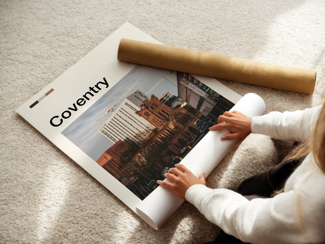 Coventry Cathedral And Skyline Travel Print being unrolled from its postal tube
