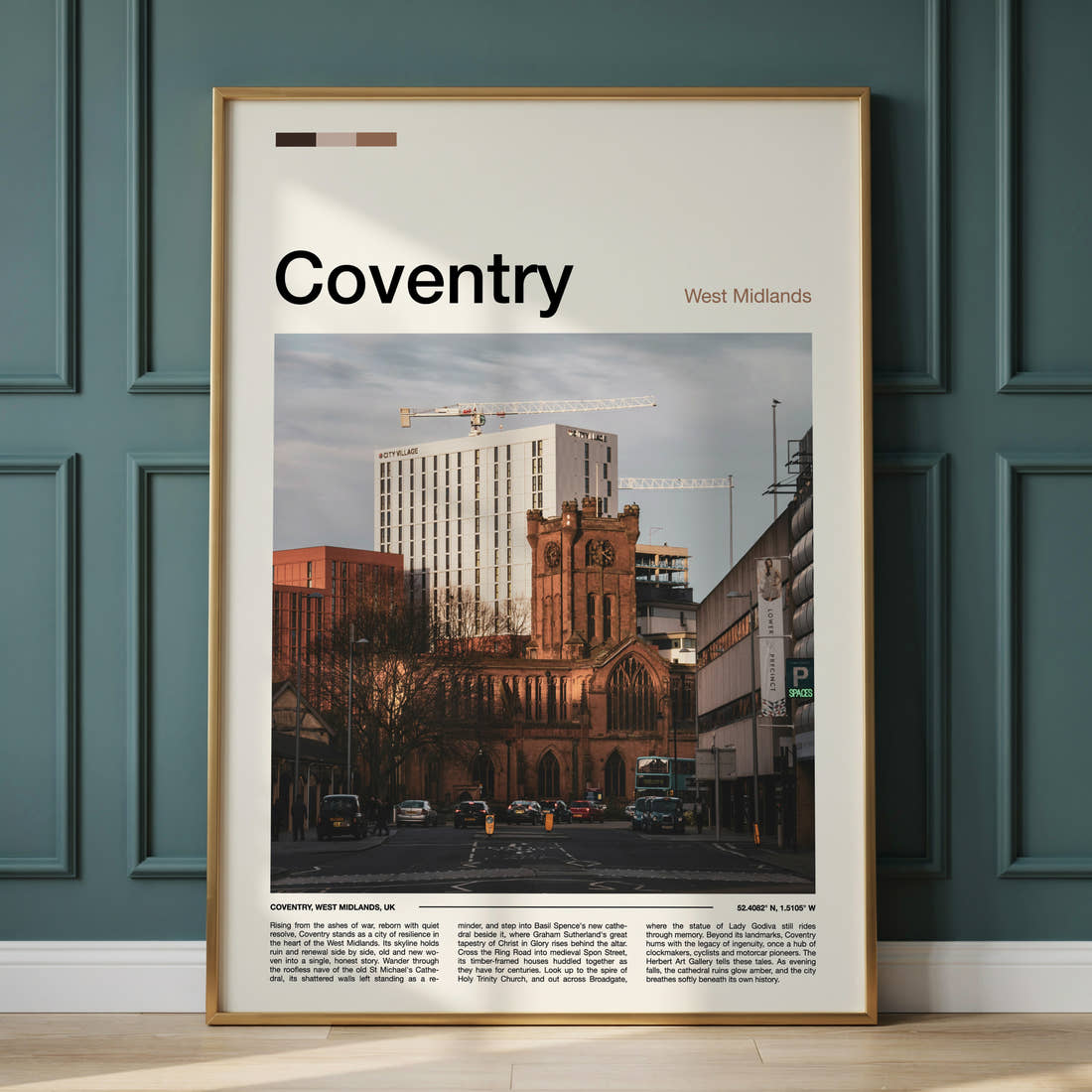 Coventry Cathedral And Skyline Travel Print framed on the wall of a calm, neutral bedroom