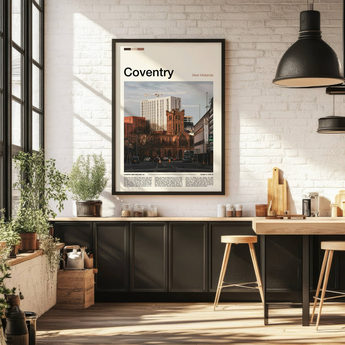 Coventry Cathedral And Skyline Travel Print framed on the wall of a bright kitchen and dining space