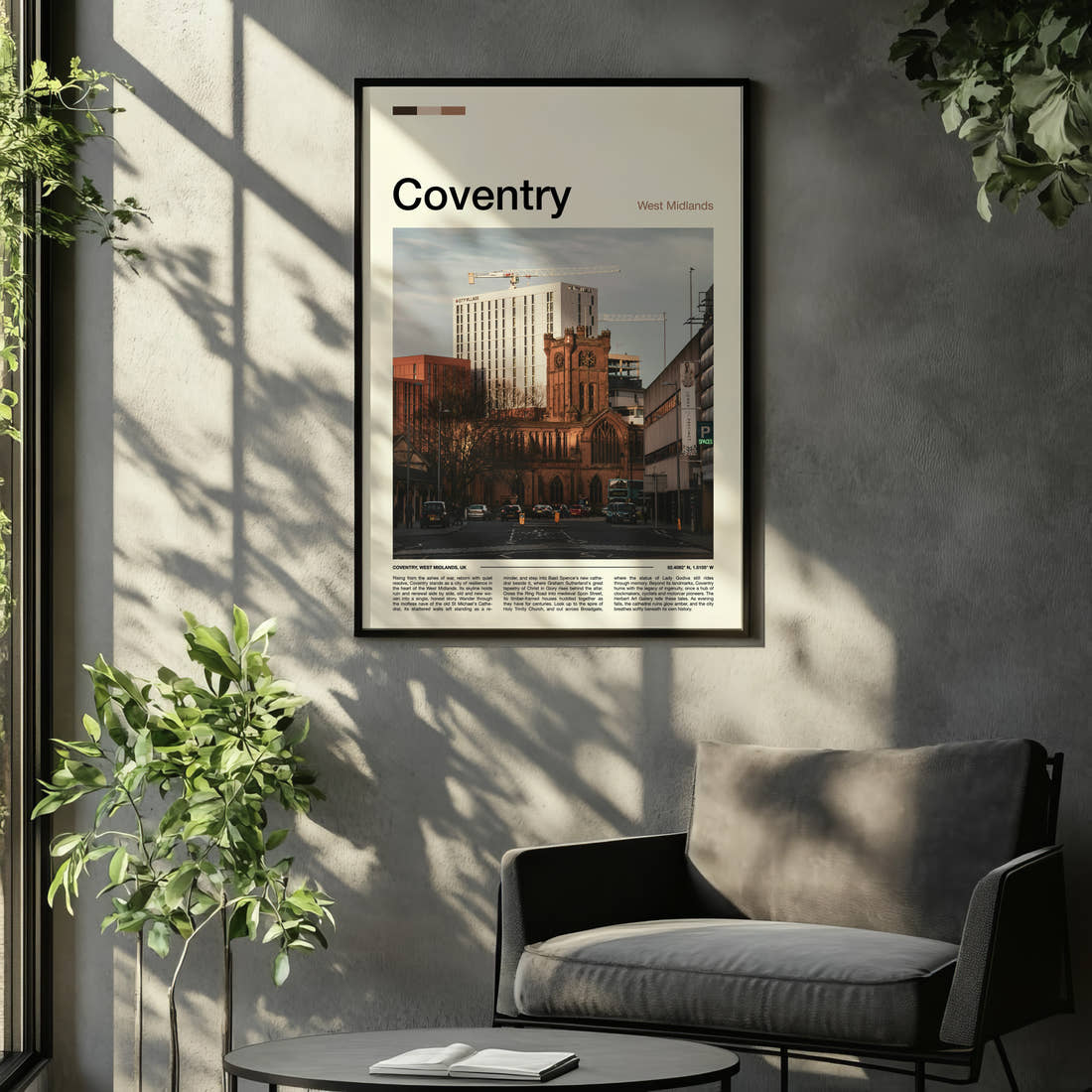 Coventry Cathedral And Skyline Travel Print framed on the wall of a relaxed living room