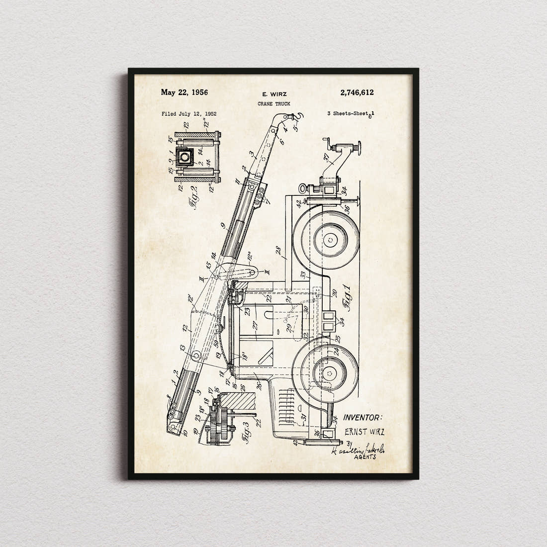 Crane Truck Patent Print in the aged paper colourway, framed