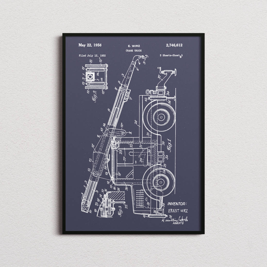 Crane Truck Patent Print in the navy colourway, framed