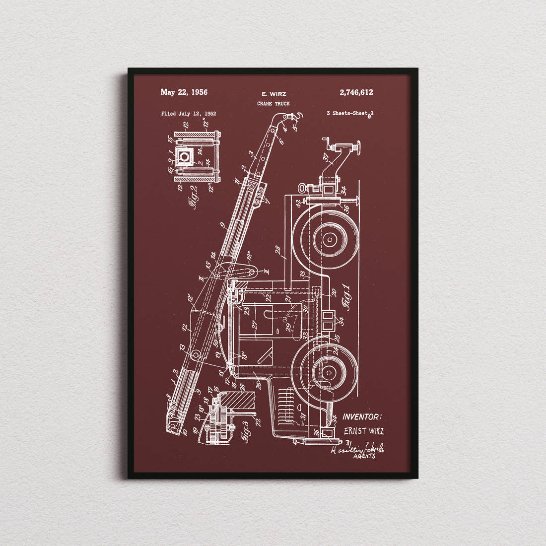 Crane Truck Patent Print in the burgundy colourway, framed