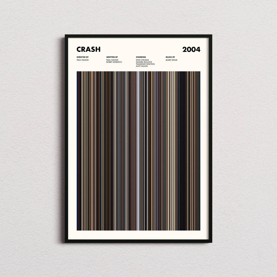 Crash (2004) Movie Barcode Poster framed on a plain studio wall